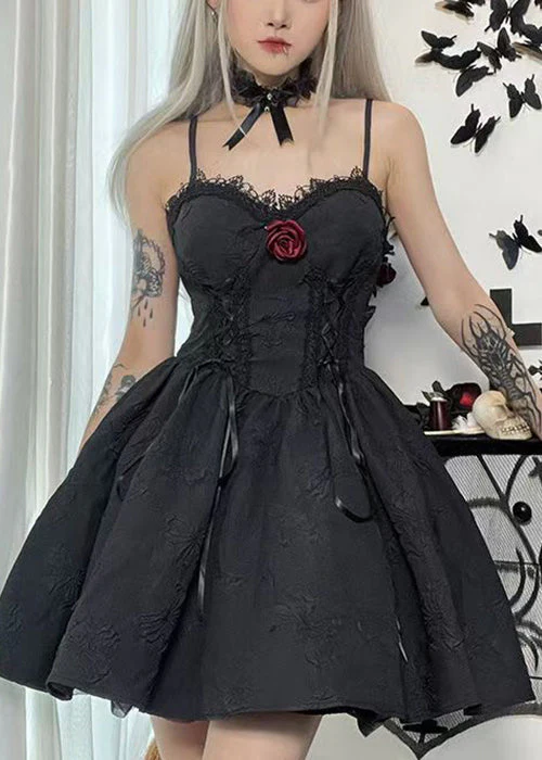 New Black Lace High Waist Patchwork Cotton Mid Dress Sleeveless - Image 3