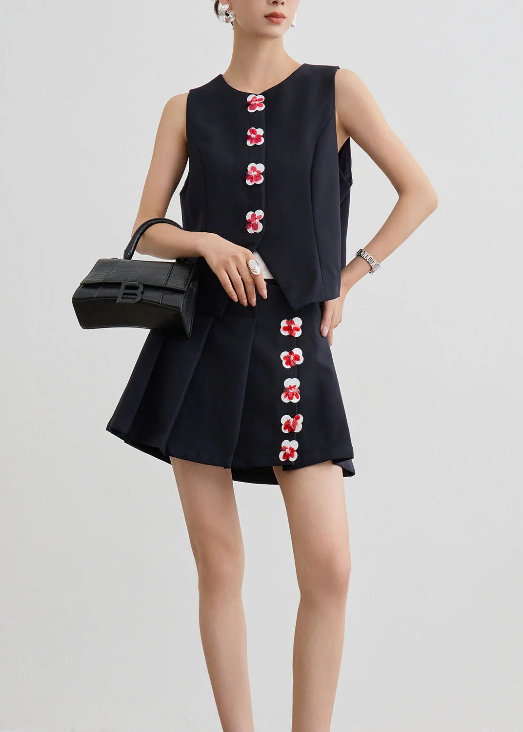New Black O Neck Floral Vest And Skirts Two Pieces Set Summer - Image 5