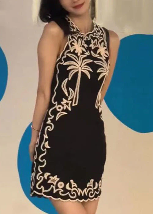 New Black O-Neck Print Cotton Mid Dress Sleeveless - Image 2