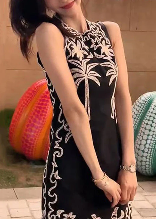 New Black O-Neck Print Cotton Mid Dress Sleeveless - Image 3