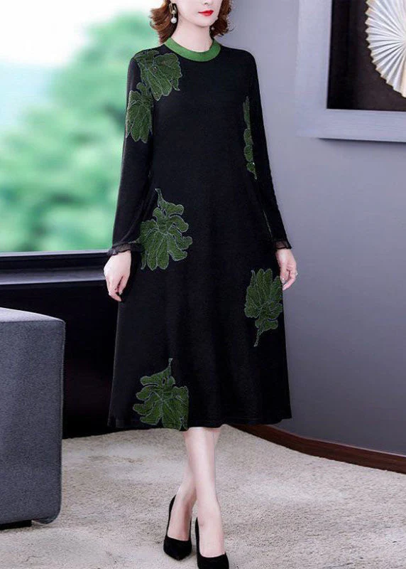 New Black O Neck Print Pockets Knitting Cotton Dresses Long Sleeve - Image 2