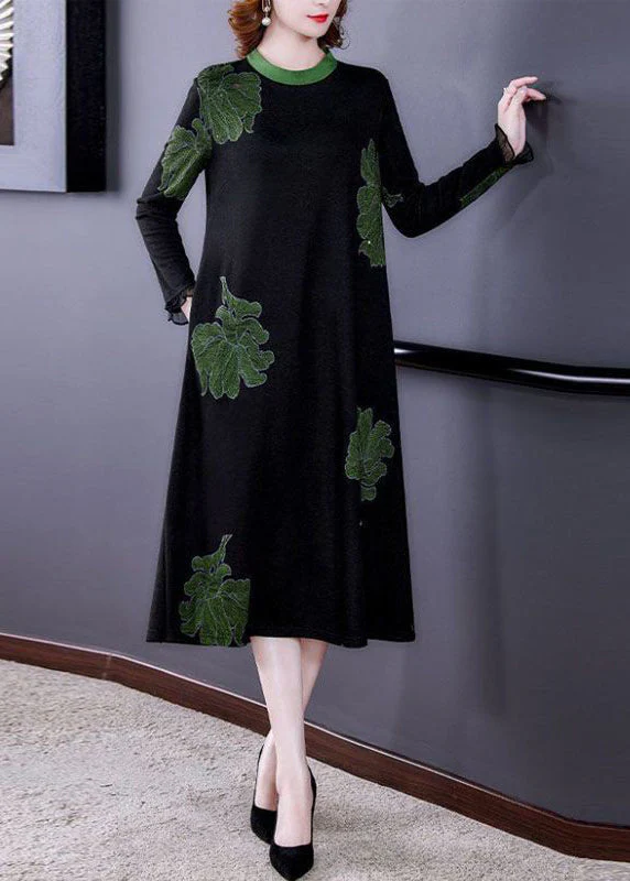New Black O Neck Print Pockets Knitting Cotton Dresses Long Sleeve - Image 3