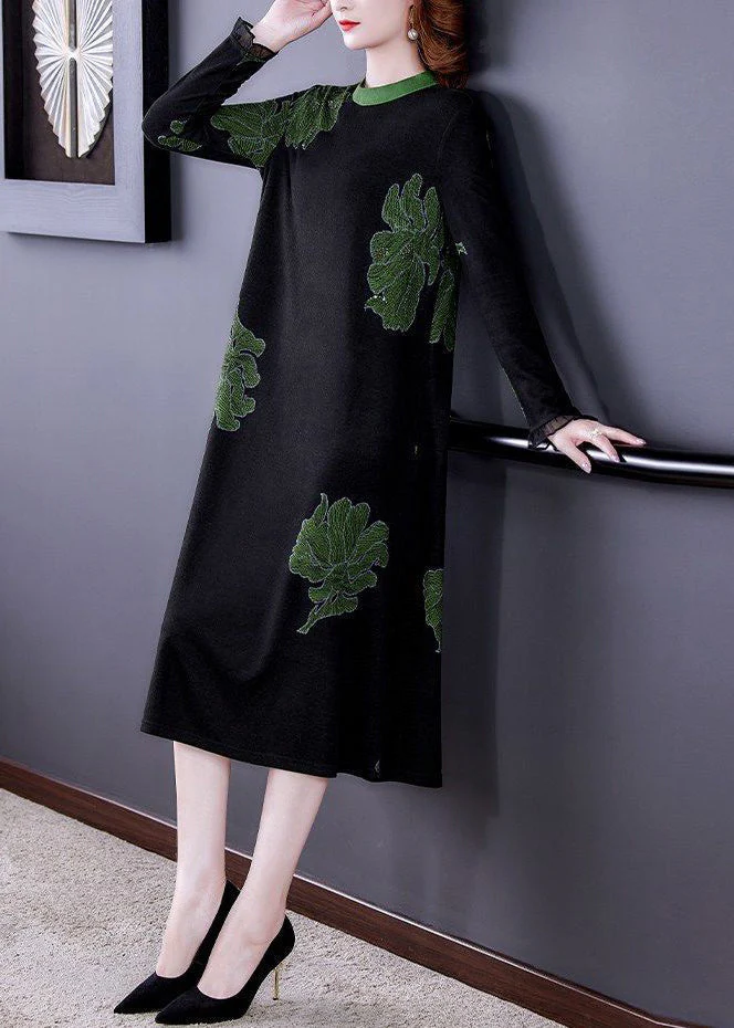 New Black O Neck Print Pockets Knitting Cotton Dresses Long Sleeve - Image 4