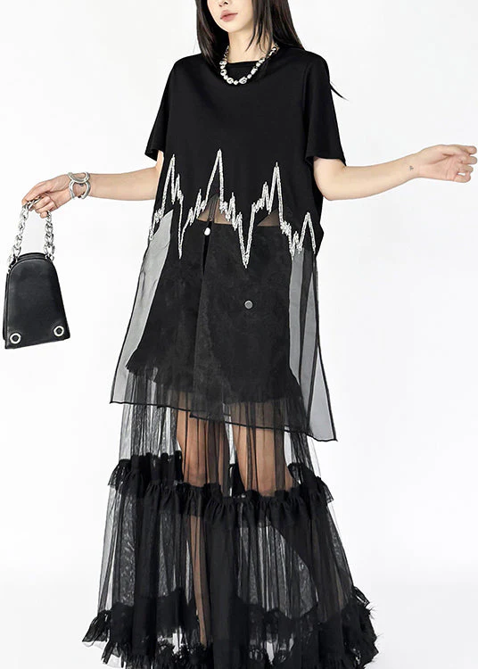 New Black O Neck Sequins Patchwork Cotton T Shirt Dress Summer