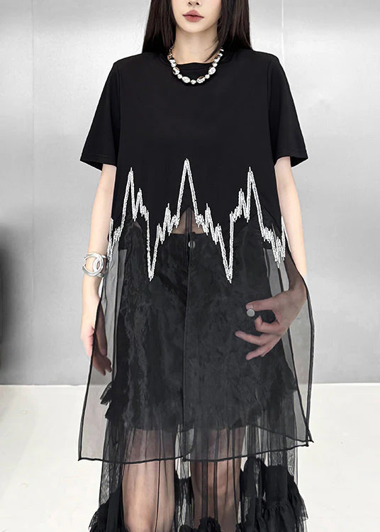 New Black O Neck Sequins Patchwork Cotton T Shirt Dress Summer - Image 2