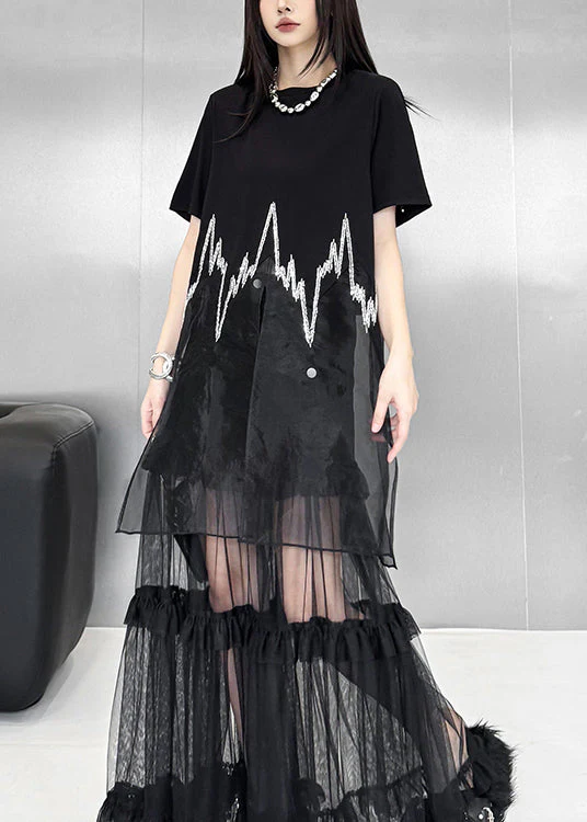 New Black O Neck Sequins Patchwork Cotton T Shirt Dress Summer - Image 3