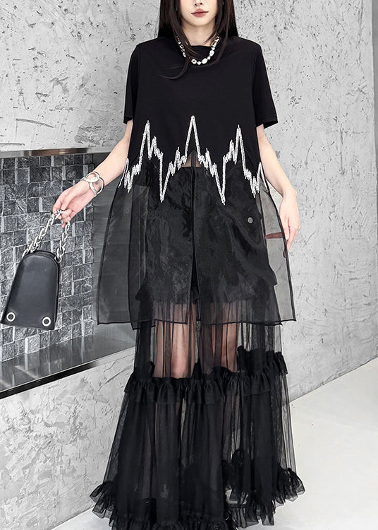 New Black O Neck Sequins Patchwork Cotton T Shirt Dress Summer - Image 4