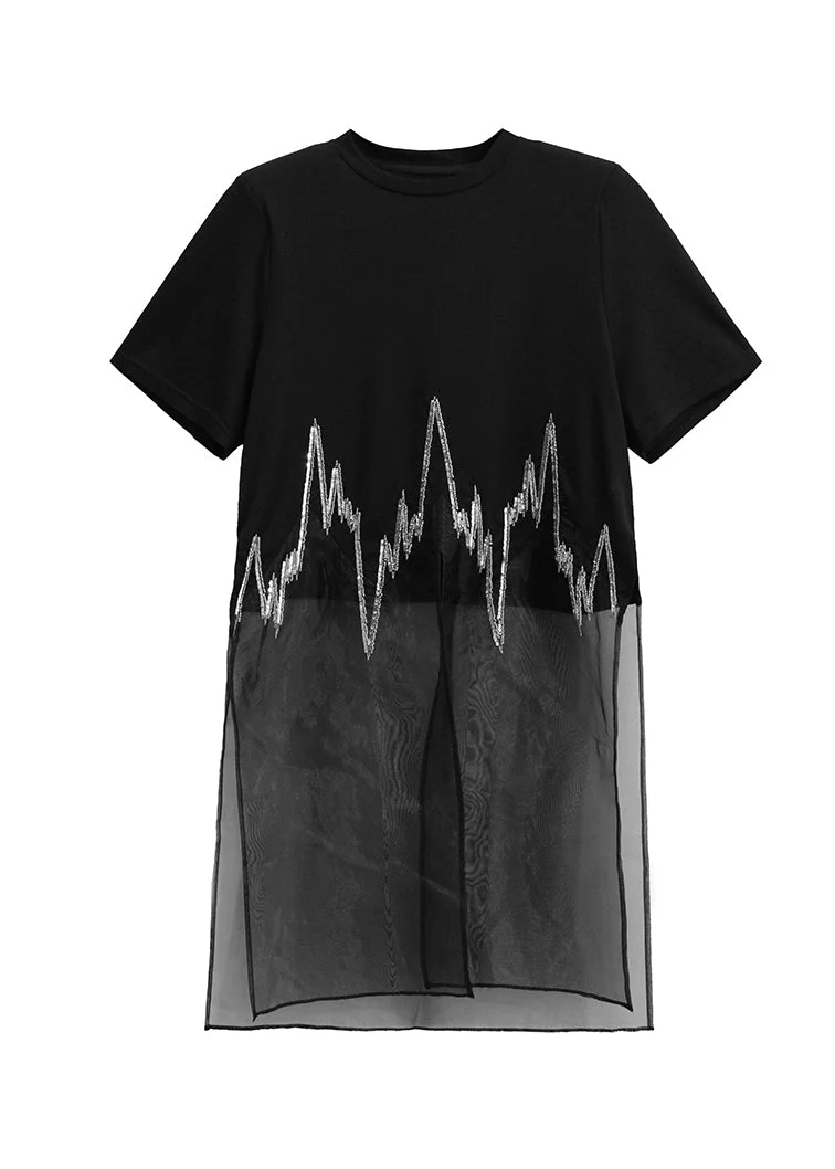 New Black O Neck Sequins Patchwork Cotton T Shirt Dress Summer - Image 5