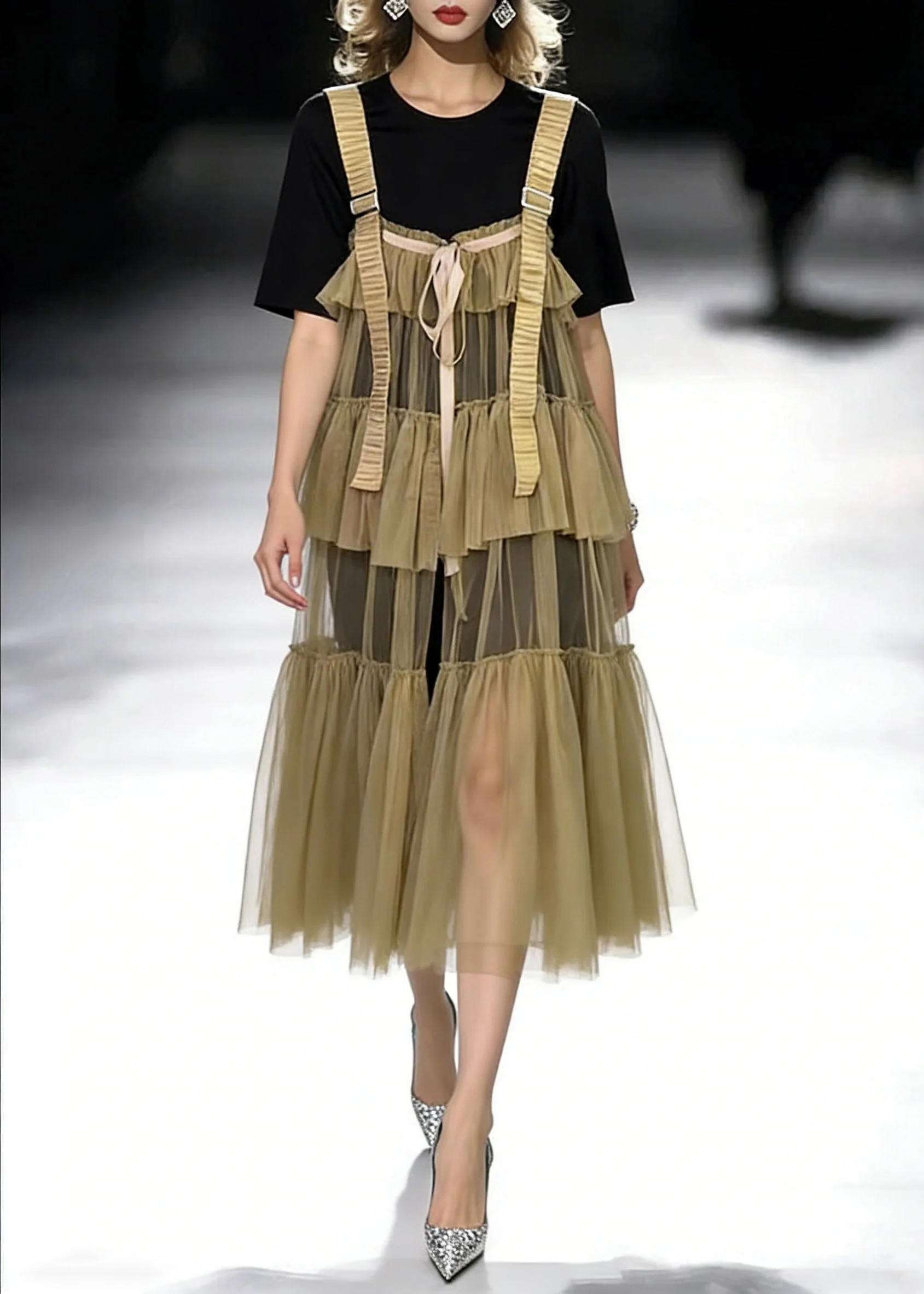 New Black O-Neck T Shirt And Khaki Wrinkled Tulle Dress Two Pieces Set Summer - Image 3