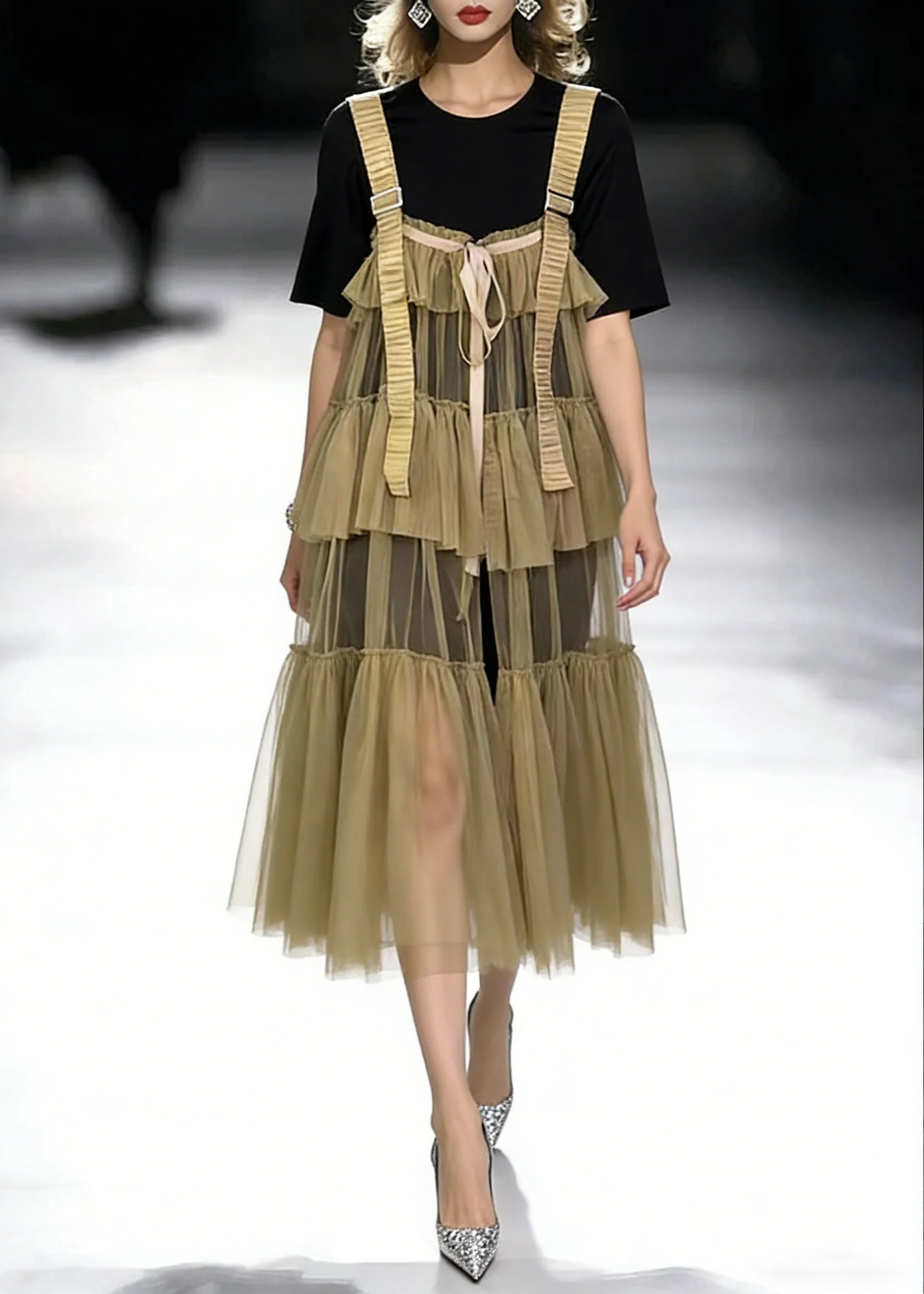 New Black O-Neck T Shirt And Khaki Wrinkled Tulle Dress Two Pieces Set Summer - Image 5