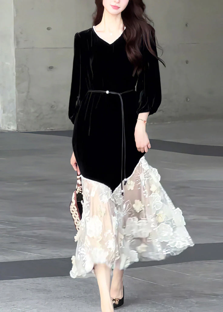 New Black O Neck Tulle Patchwork Velvet Long Dresses Spring