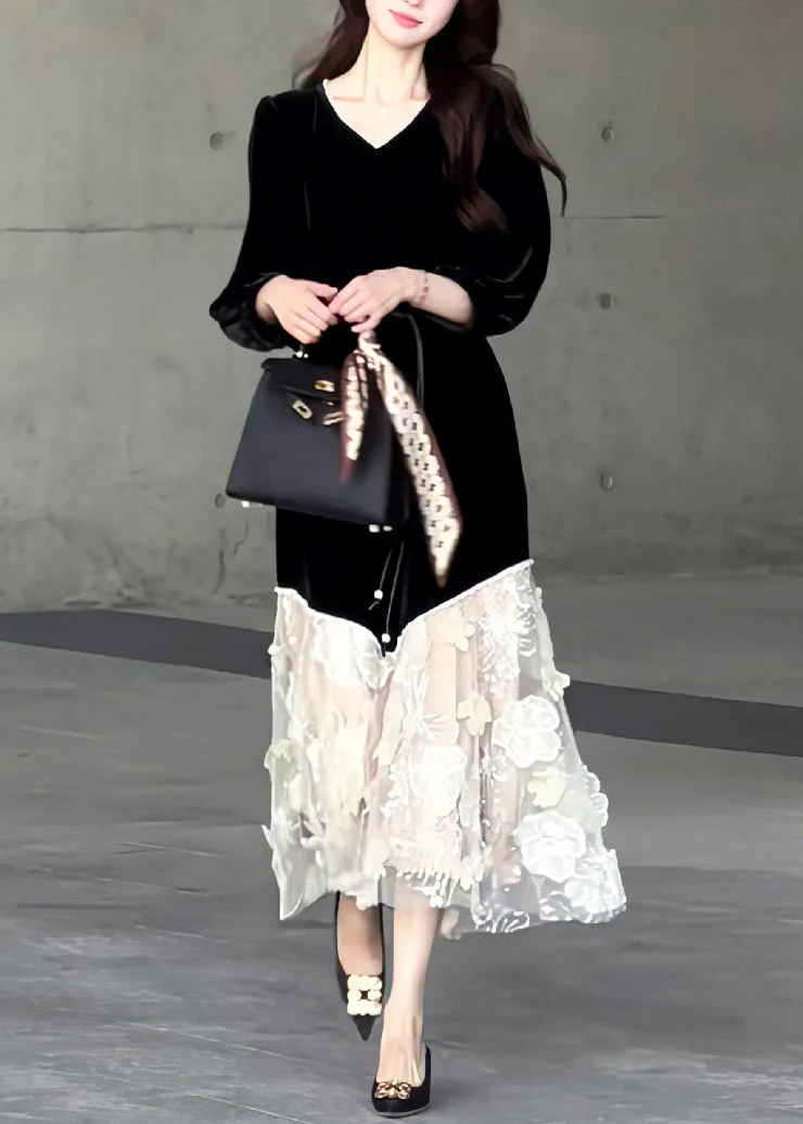 New Black O Neck Tulle Patchwork Velvet Long Dresses Spring - Image 2