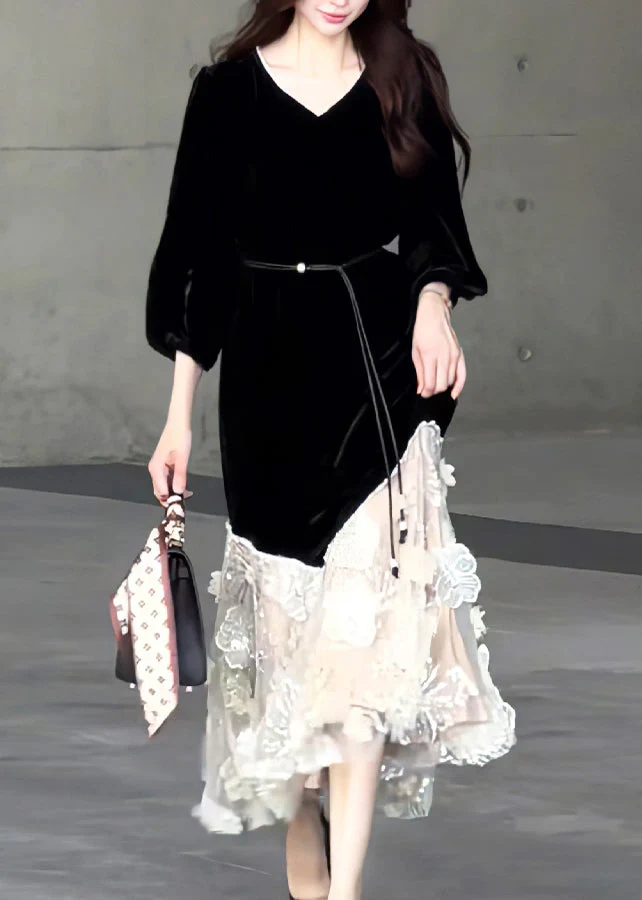 New Black O Neck Tulle Patchwork Velvet Long Dresses Spring - Image 3