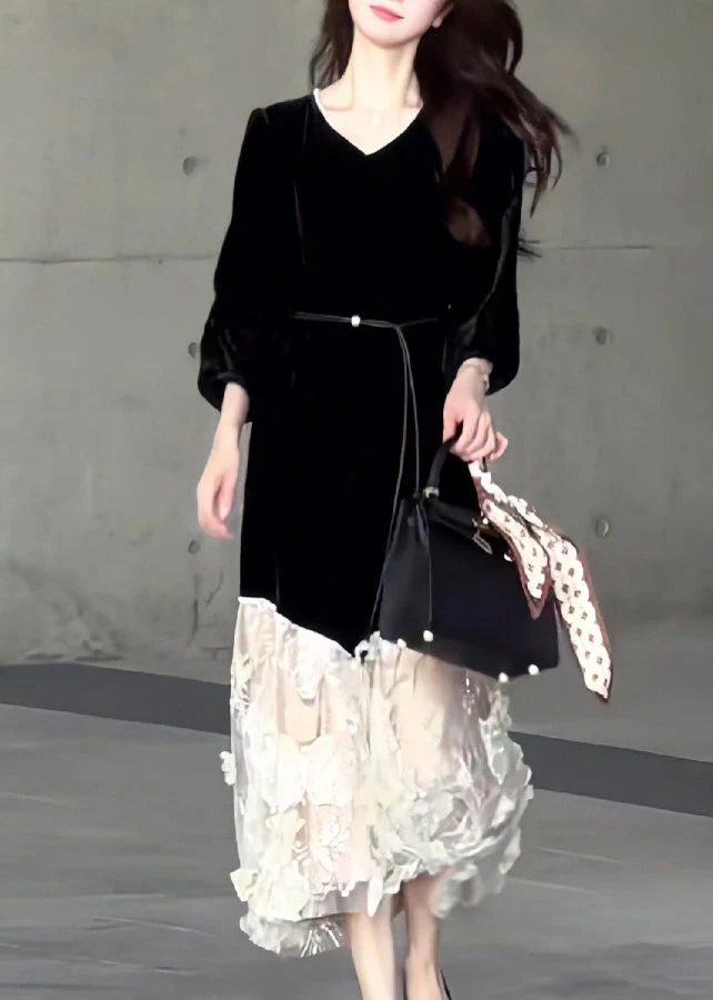 New Black O Neck Tulle Patchwork Velvet Long Dresses Spring - Image 4