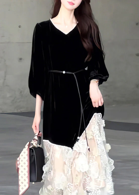 New Black O Neck Tulle Patchwork Velvet Long Dresses Spring - Image 5