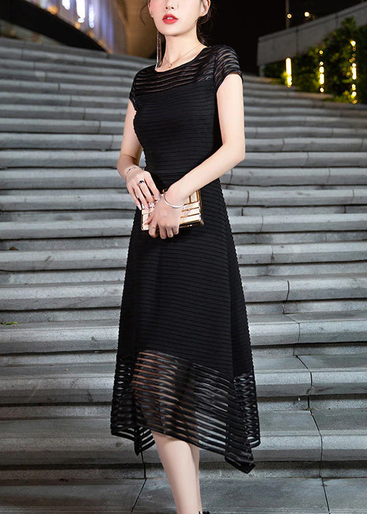 New Black O Neck Wrinkled Patchwork Cotton Long Dress Summer - Image 3