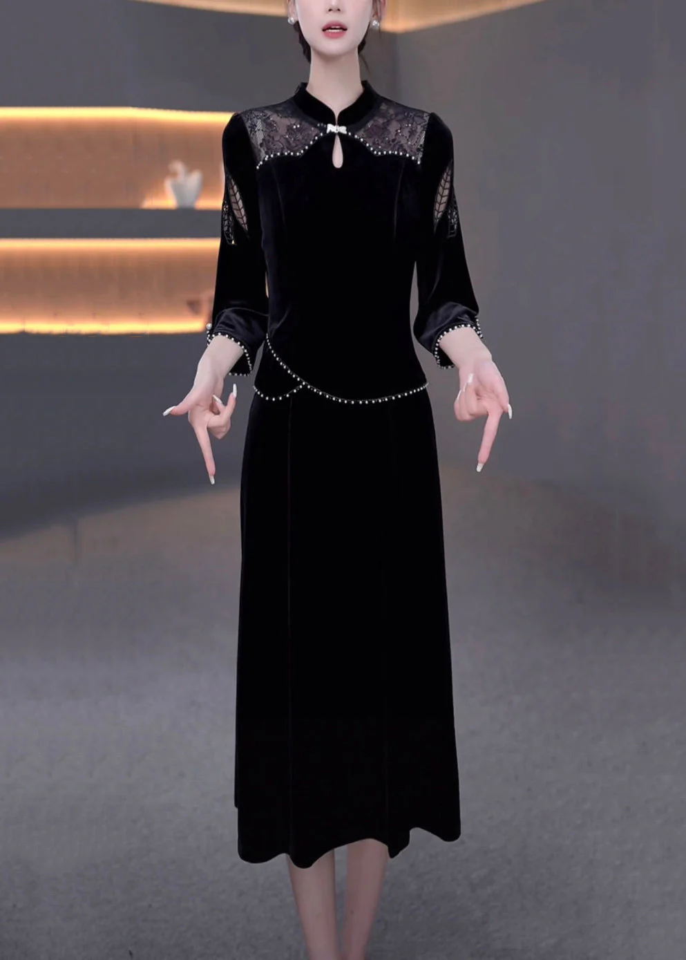 New Black Pearl Hollow Out False Two Pieces Silk Velvet Dresses Bracelet Sleeve - Image 2