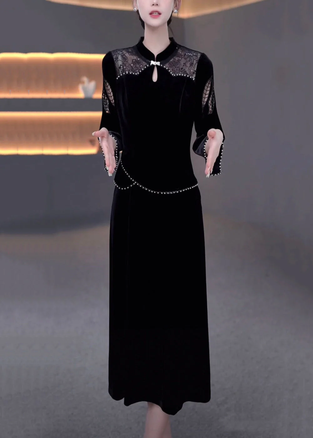 New Black Pearl Hollow Out False Two Pieces Silk Velvet Dresses Bracelet Sleeve - Image 3