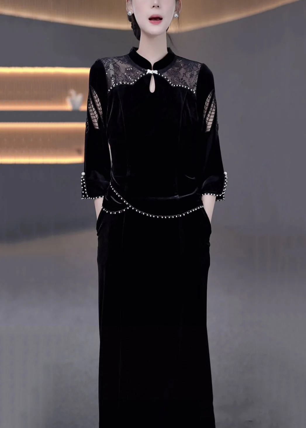 New Black Pearl Hollow Out False Two Pieces Silk Velvet Dresses Bracelet Sleeve - Image 4