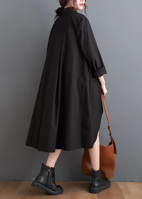New Black Peter Pan Collar Button Patchwork Cotton Shirts Mid Dress Fall - Image 4