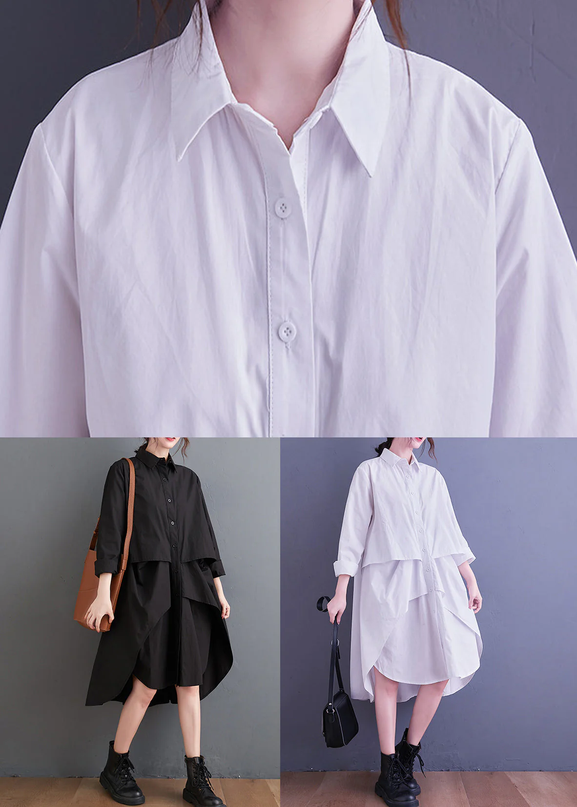 New Black Peter Pan Collar Button Patchwork Cotton Shirts Mid Dress Fall - Image 5