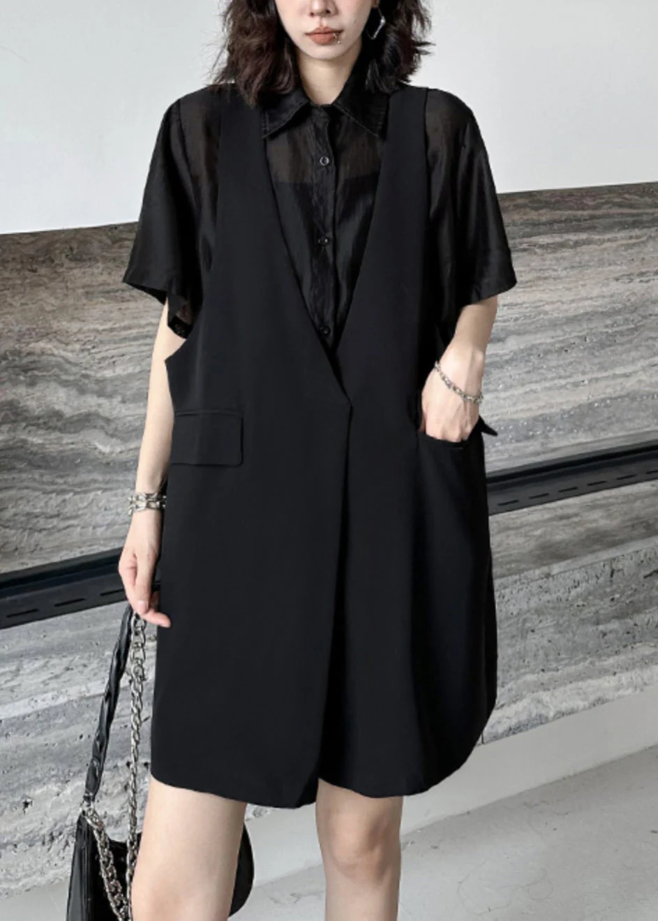 New Black Peter Pan Collar False Two Pieces Patchwork Dresses Summer - Image 2
