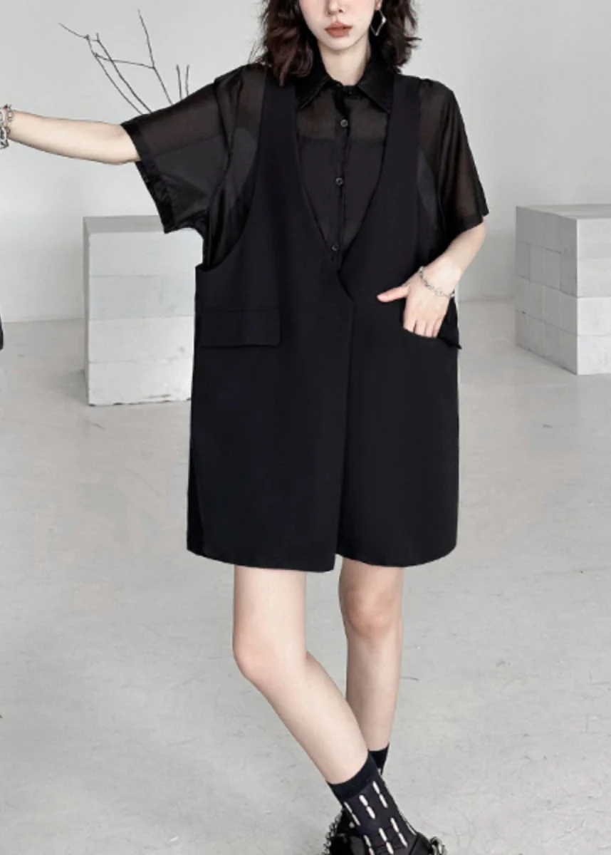 New Black Peter Pan Collar False Two Pieces Patchwork Dresses Summer - Image 3