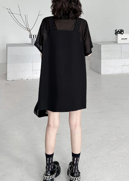 New Black Peter Pan Collar False Two Pieces Patchwork Dresses Summer - Image 4