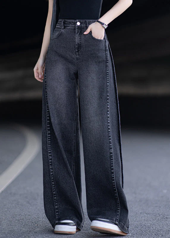 New Black Pockets Patchwork Denim Wide Leg Pants Spring - Image 2