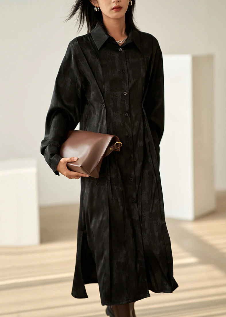 New Black Print Side Open Cotton Blouse Long Dresses Fall - Image 2