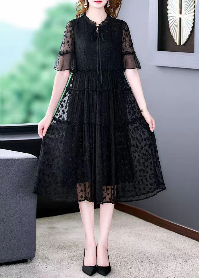 New Black Ruffled Lace Up Lace Dress Half Sleeve - Image 2