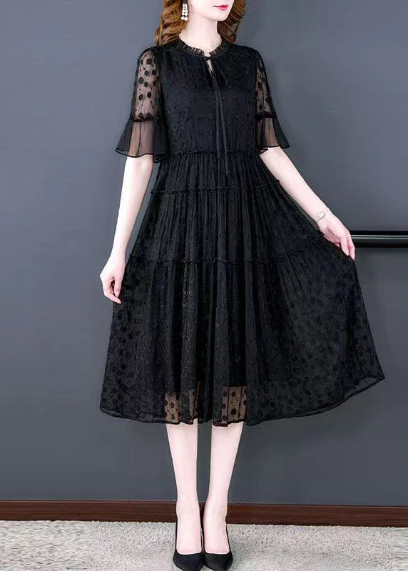 New Black Ruffled Lace Up Lace Dress Half Sleeve - Image 3