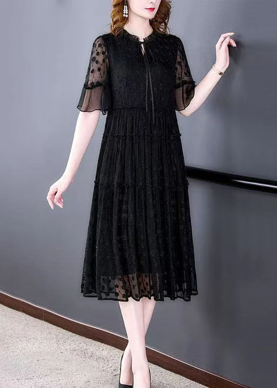New Black Ruffled Lace Up Lace Dress Half Sleeve - Image 4