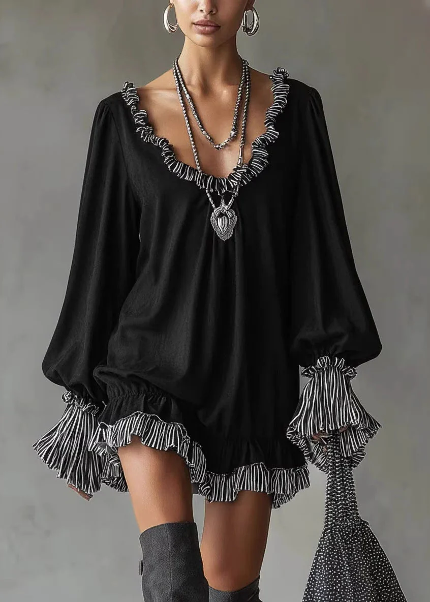 New Black Ruffled Patchwork Cotton Mid Dress Fall - Image 3