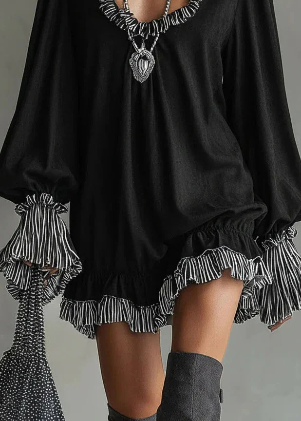 New Black Ruffled Patchwork Cotton Mid Dress Fall - Image 4