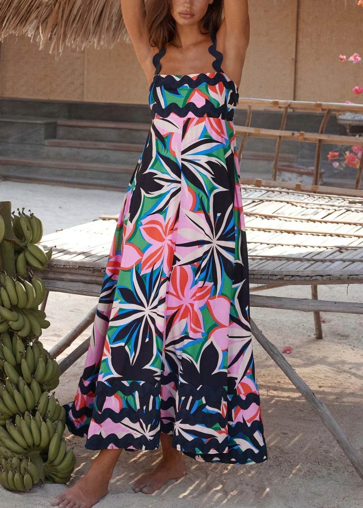 New Black Slash Neck Print Cotton Long Dresses Sleeveless - Image 4
