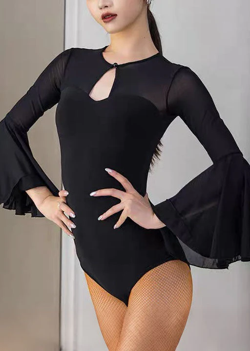 New Black Tulle Flare Sleeve Latin Dance Jumpsuit Top - Image 3