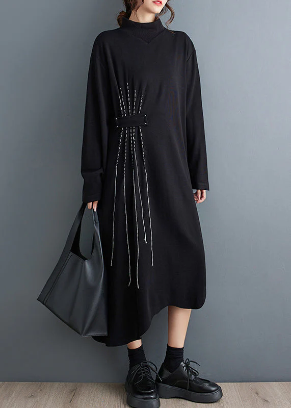 New Black Turtleneck Asymmetrical Cotton Long Dresses Fall - Image 2