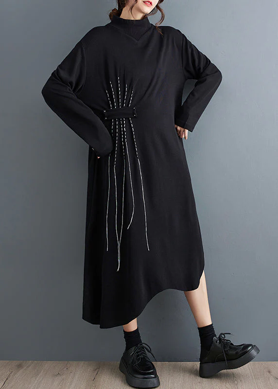 New Black Turtleneck Asymmetrical Cotton Long Dresses Fall - Image 3