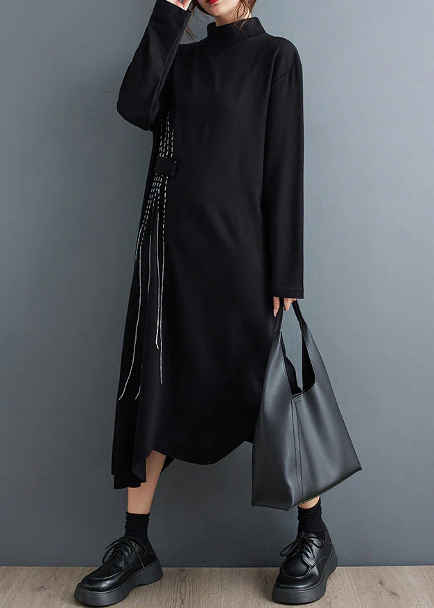 New Black Turtleneck Asymmetrical Cotton Long Dresses Fall - Image 4