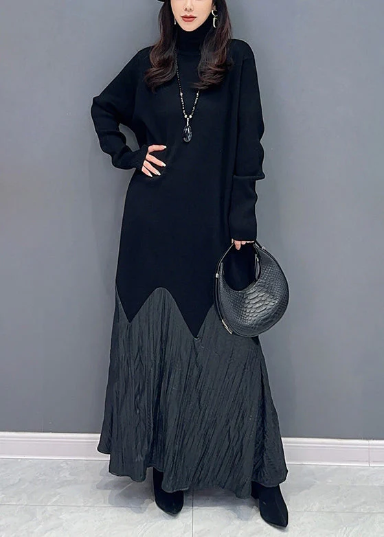 New Black Turtleneck Patchwork Cotton Long Dress Long Sleeve - Image 2