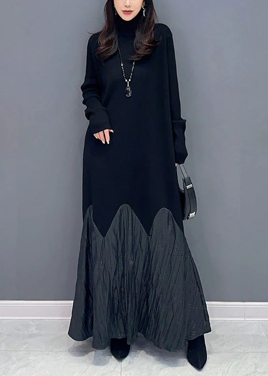 New Black Turtleneck Patchwork Cotton Long Dress Long Sleeve - Image 3