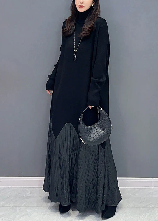 New Black Turtleneck Patchwork Cotton Long Dress Long Sleeve - Image 4