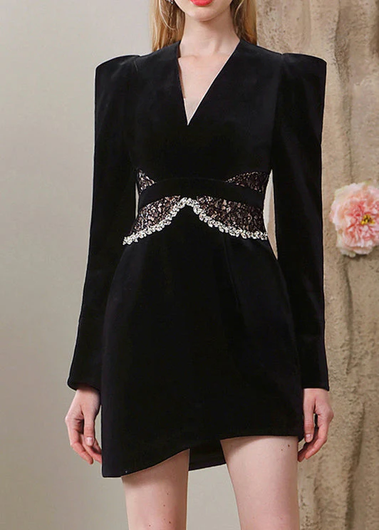 New Black V Neck Lace Patchwork Silk Velour Mid Dress Long Sleeve - Image 3