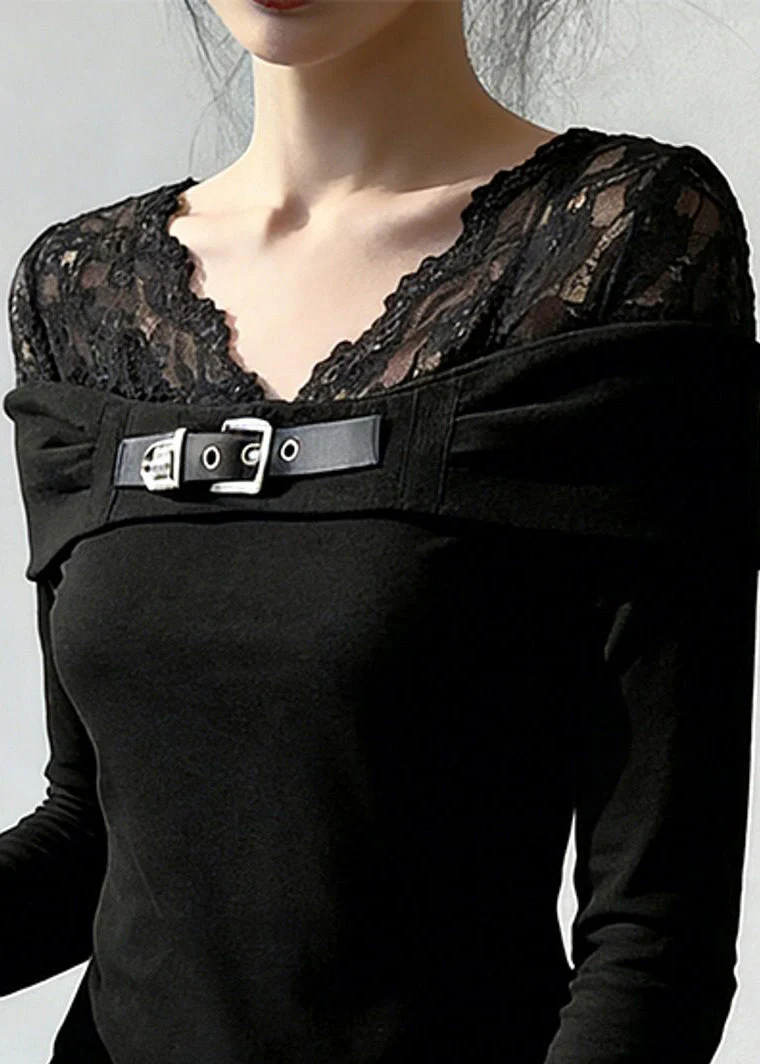 New Black V Neck Lace Patchwork T Shirt Spring - Image 4
