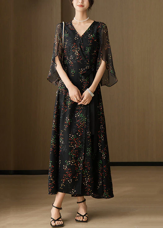 New Black V Neck Print Chiffon Long Dresses Bracelet Sleeve - Image 2