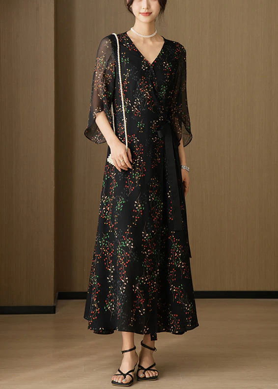 New Black V Neck Print Chiffon Long Dresses Bracelet Sleeve - Image 3