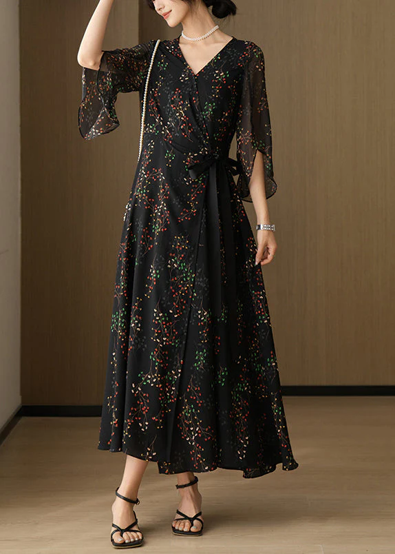 New Black V Neck Print Chiffon Long Dresses Bracelet Sleeve - Image 4