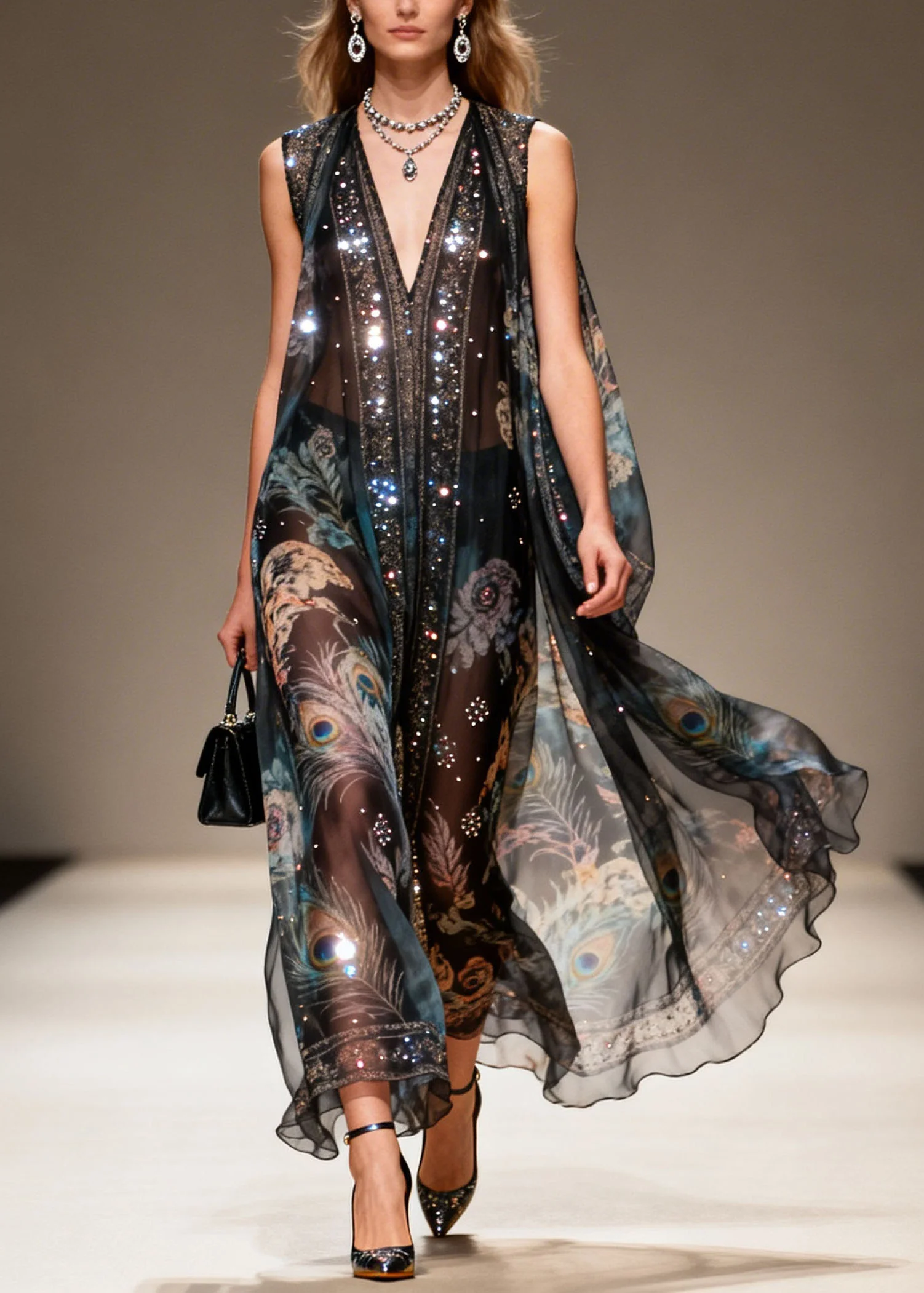 New Black V Neck Print Zircon Chiffon Long Dresses Summer - Image 3