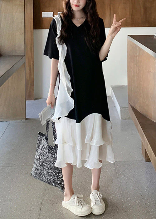 New Black V Neck Ruffled Patchwork Cotton Long Dresses Summer - Image 2